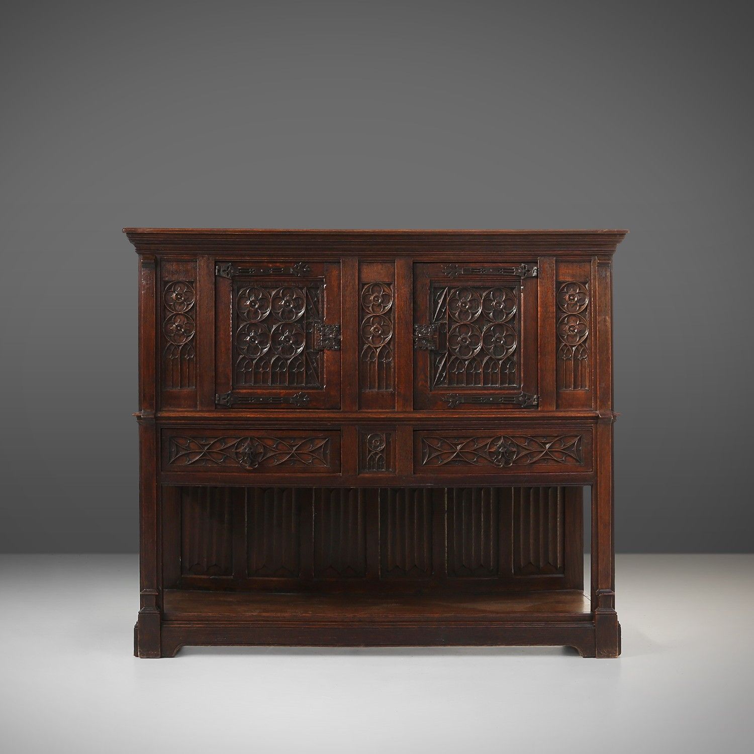 Neo-gothic cabinet in oak with concealed storage and rich decorations, France, 1850s-img